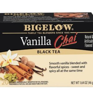This is a premium, naturally and artificially flavored black tea blend crafted by the family-owned American company Bigelow. It combines robust black tea leaves with a smooth infusion of sweet vanilla and a traditional blend of flavorful spices like cinnamon, cardamom, and clove, delivering a sweet and spicy flavor profile. The box contains 20 tea bags, each individually wrapped in foil pouches to shield the contents from air and moisture, ensuring maximum freshness.