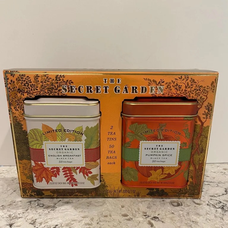 The Secret Garden Organic Tea Gift Set – English Breakfast & Pumpkin Spice Black Tea, 2 Tins with 100 Tea Bags - Image 2