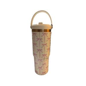 Pink Bow Pattern Travel Coffee Mug with Straw & Flip Lid, 16oz